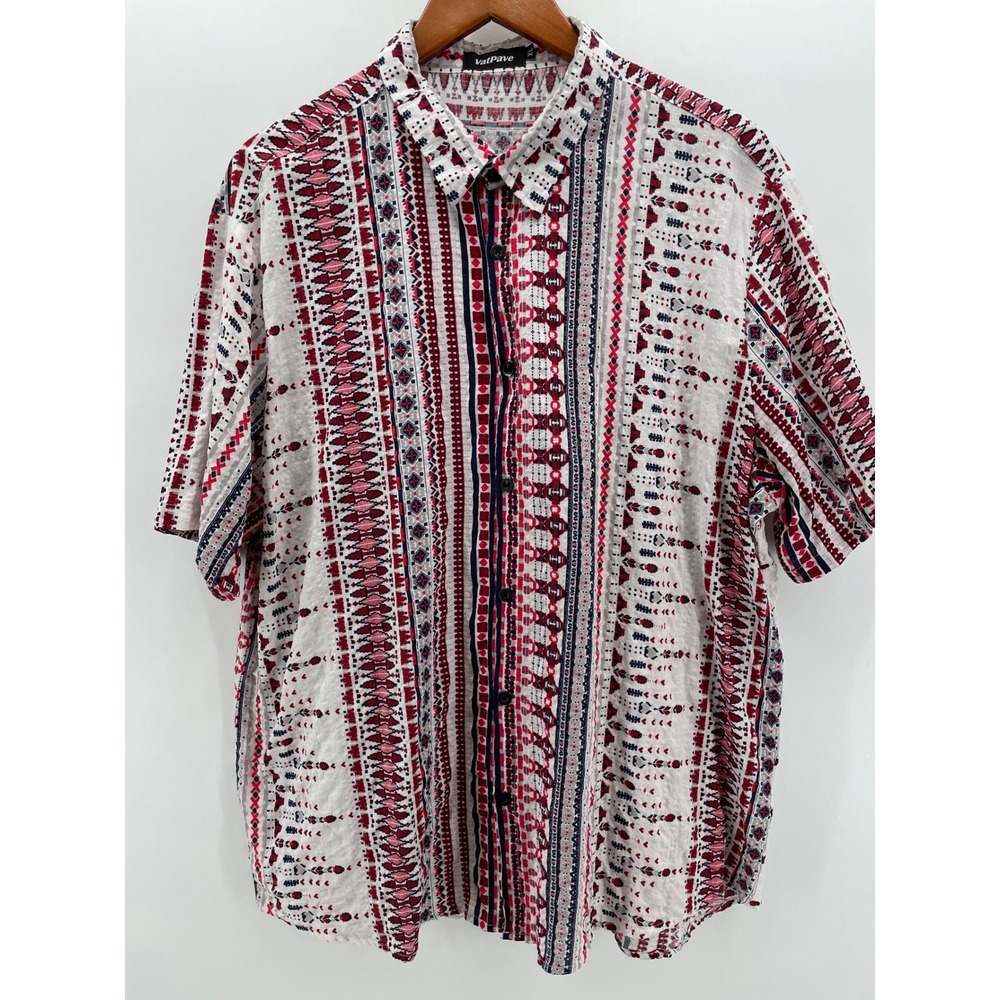 VatPave Button Down Shirt Mens XL White Red Blue Geometric Tribal Short Sleeve